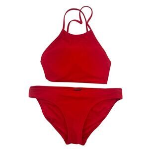 Aerie High Neck Halter Style Strappy Back Classic Bottoms Red Bikini Size Medium